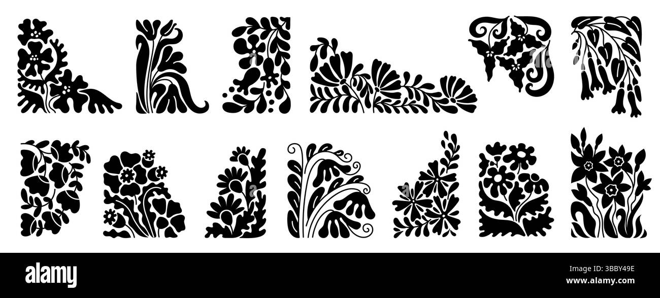 Bordures florales groovy. Élément de cadre de fleur abstrait avec des silhouettes botaniques décoratives, design vintage rétro minimal de coin de plante boho. Vecteur Illustration de Vecteur