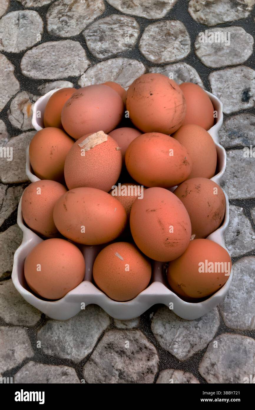 Nature morte avec espace de copie d'un tas d'œufs de poule bruns frais fraîchement pondus en libre-service non lavés entassés sur un plateau à œufs en porcelaine façonné sur un sol pavé de pierre Banque D'Images