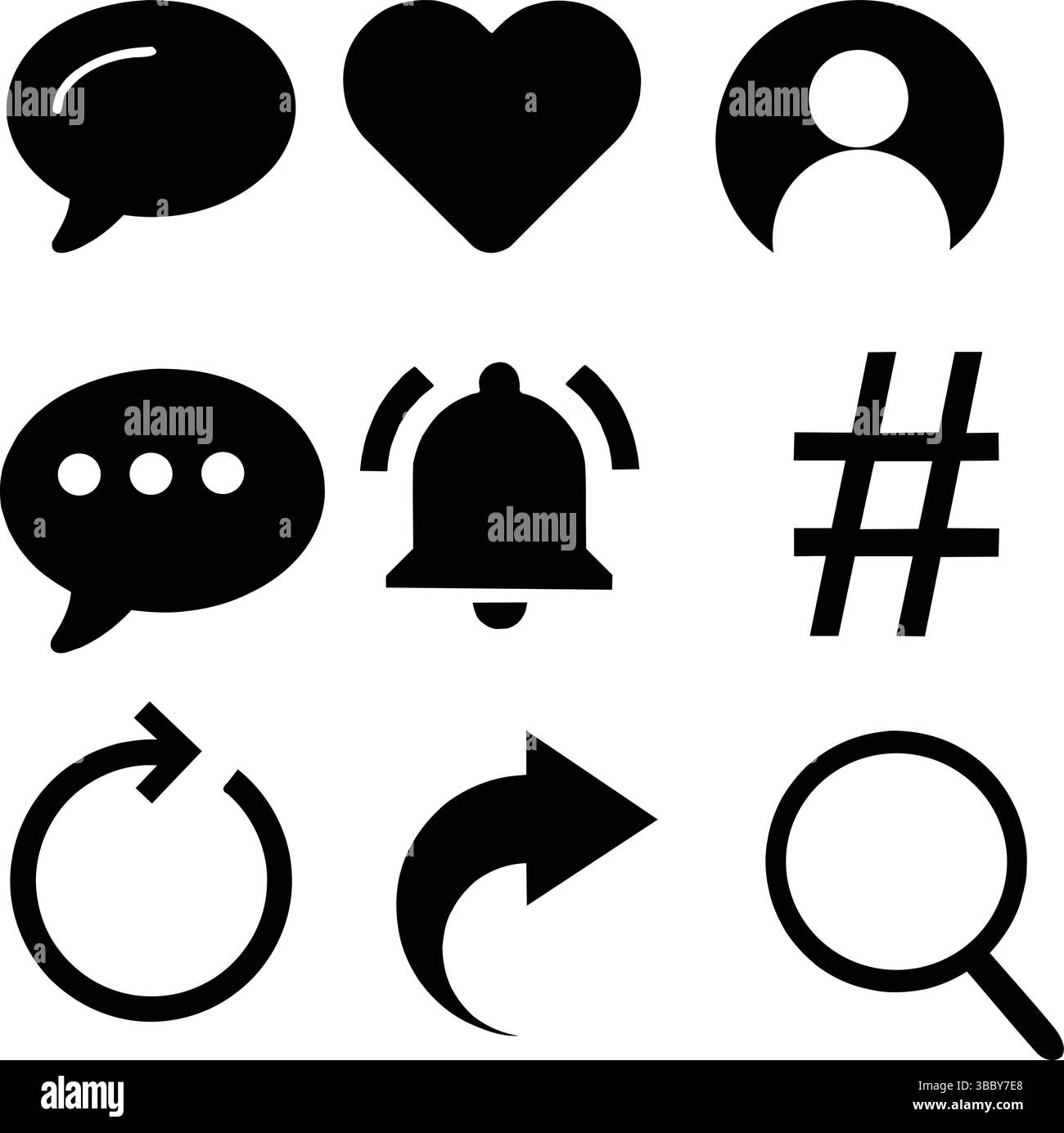 Silhouette de neuf icônes de médias sociaux disposées dans une grille 3x3, représentant la messagerie, les notifications, la recherche et les interactions numériques Illustration de Vecteur