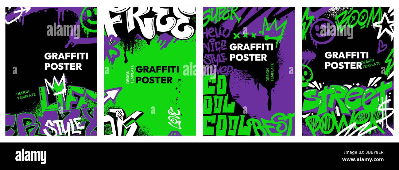 Affiche Street art. Fonds de graffiti avec des éclaboussures de jet d'encre colorées et des étiquettes grunge, bannière de peinture murale urbaine cool pour couverture rap hip hop Illustration de Vecteur