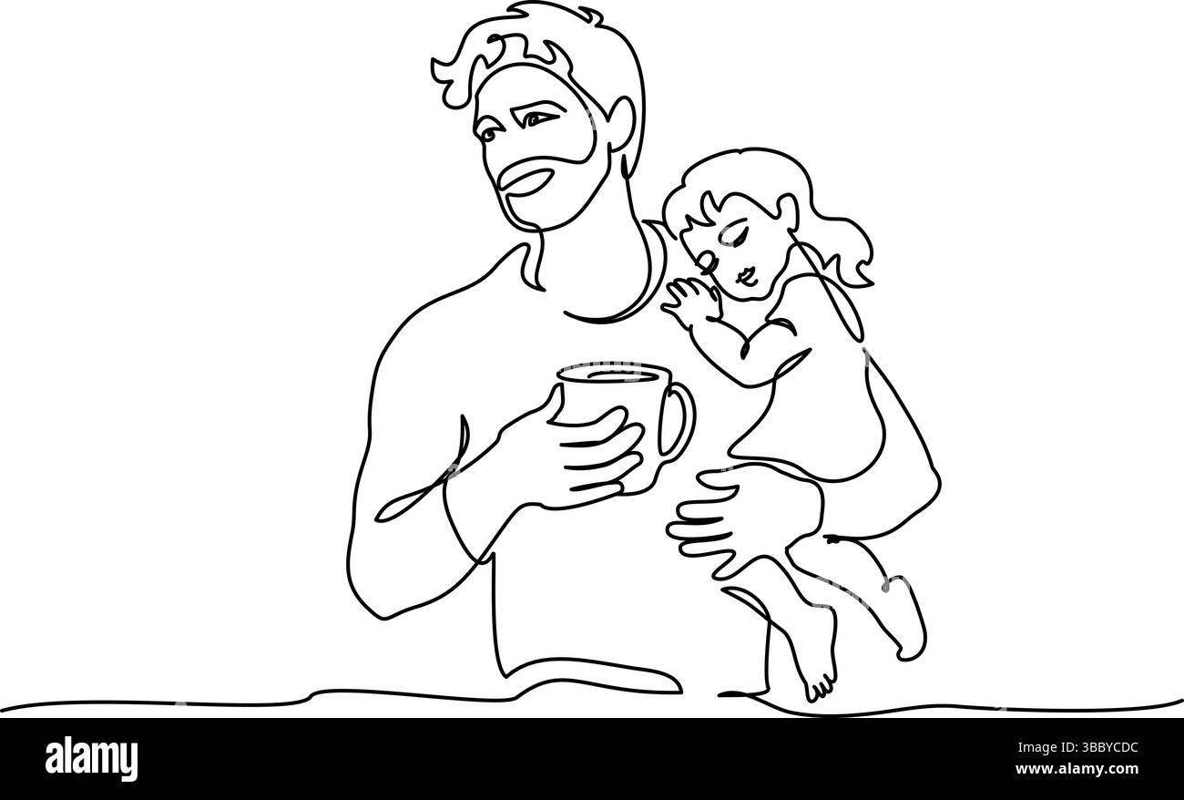 Carte de fête des joyeux pères. Papa boit le café du matin et tient sa fille endormie dans ses bras. Illustration de Vecteur