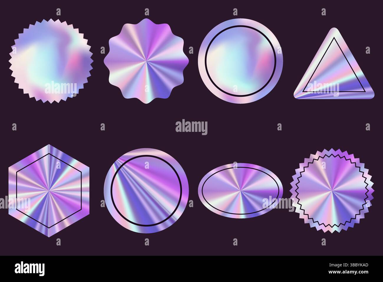 Étiquettes vides holographiques brillantes ou autocollants de différentes formes. Arrière-plans métalliques à la mode géométriques vectoriels. Icônes brillantes abstraites, ensemble d'éléments de conception Illustration de Vecteur