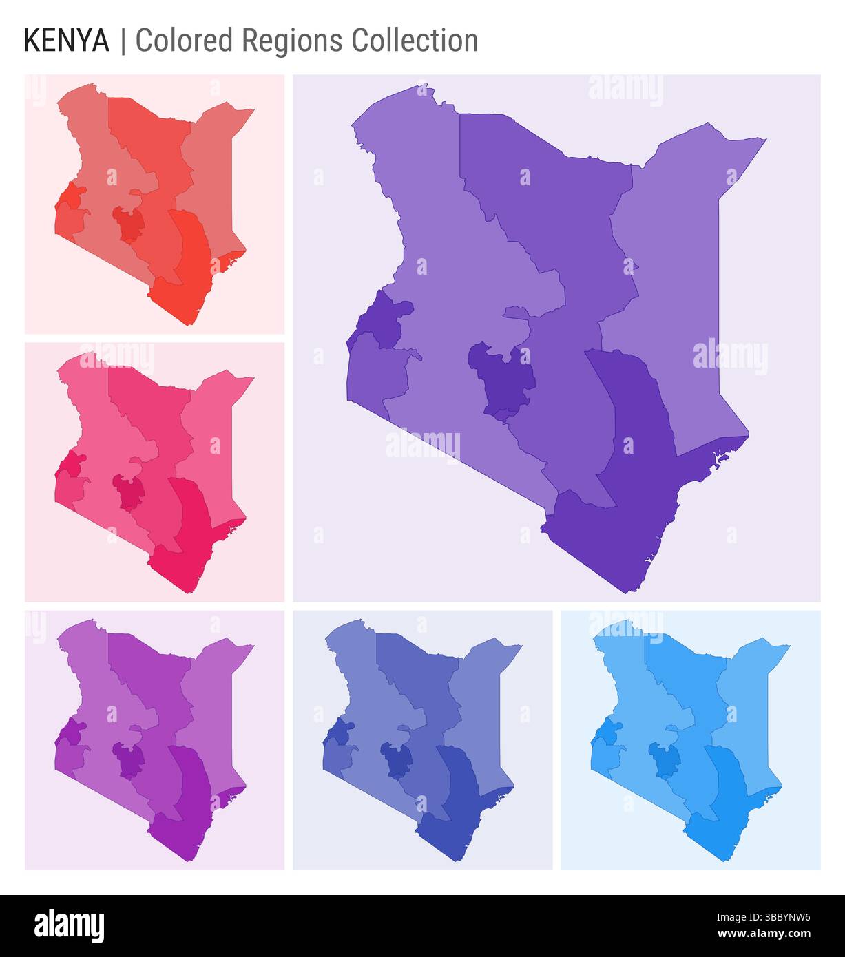 Collection de cartes du Kenya. Forme de pays avec régions colorées. Violet profond, rouge, rose, violet, indigo, palettes de couleurs bleues. Illustration de Vecteur