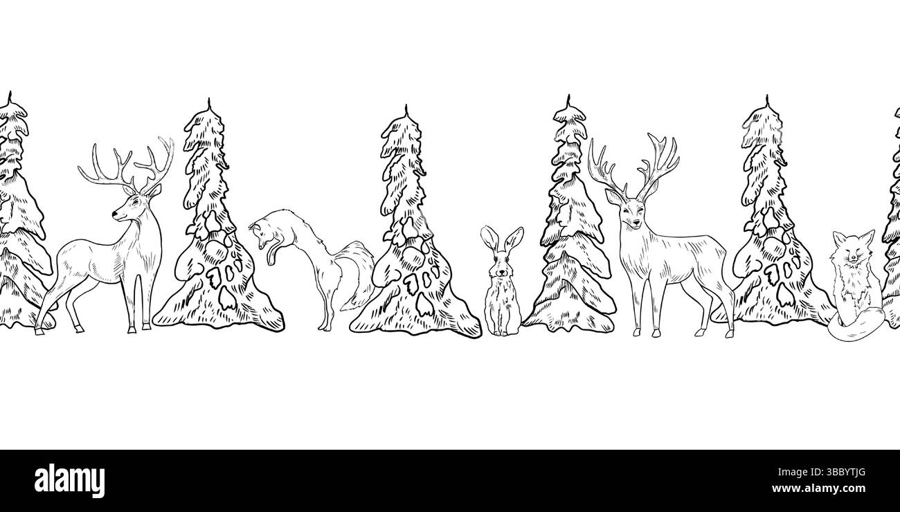 Frontière d'hiver sans couture avec des sapins enneigés et des animaux des bois dessinés à la main vecteur de contour blanc noir. Scène de forêt rustique avec renard, cerf et lièvre Illustration de Vecteur