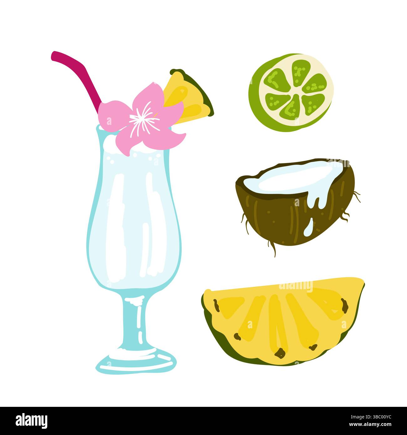 Cocktails tropicaux avec noix de coco, ananas, citron vert. Illustration de Vecteur