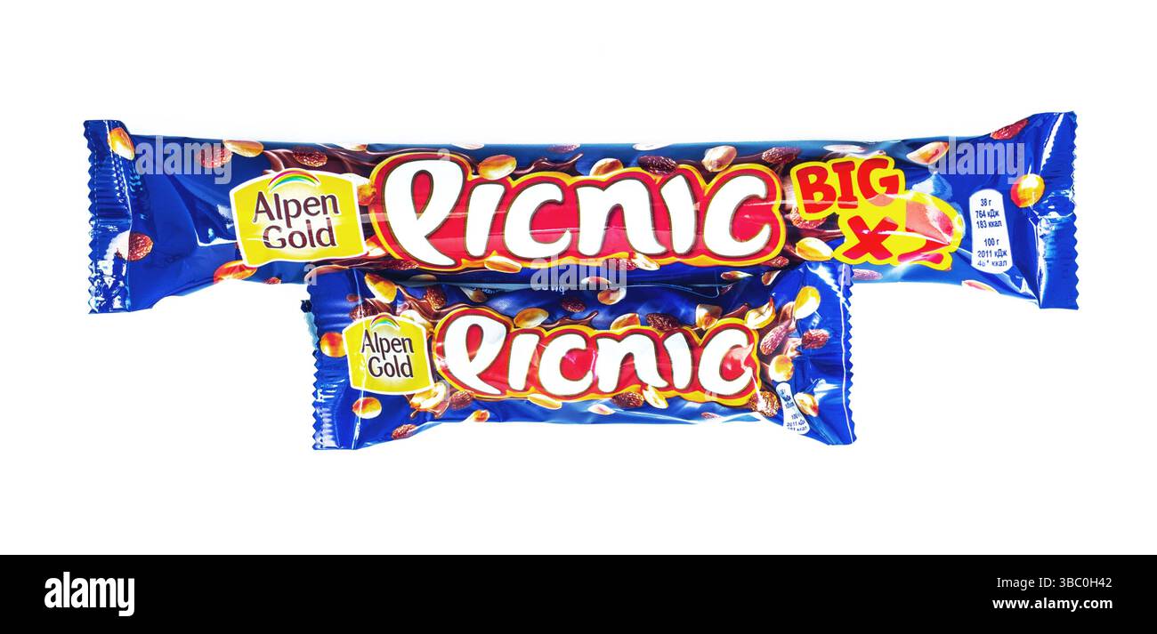 Barres de chocolat Picnic (Mondelez int), produit shot sur blanc Banque D'Images