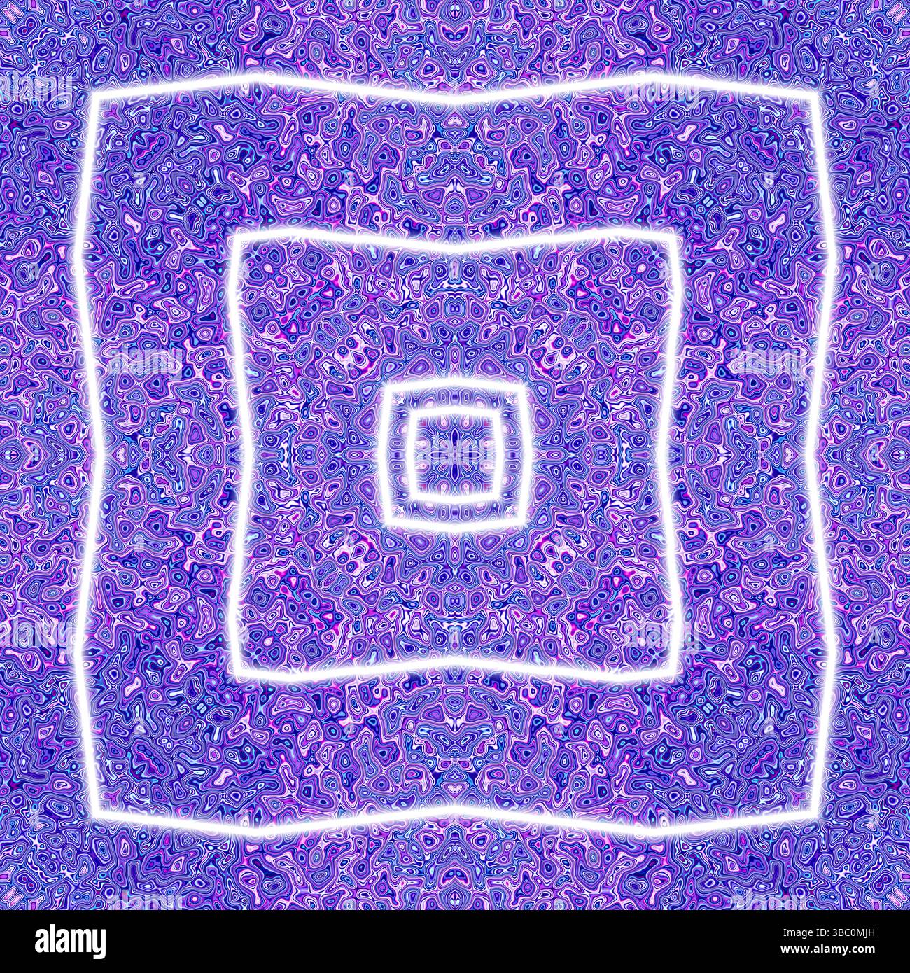 Violet Psychedelic Square Spiral - motif de labyrinthe abstrait avec cadre lumineux pour l'art numérique et les promotions d'événements Banque D'Images