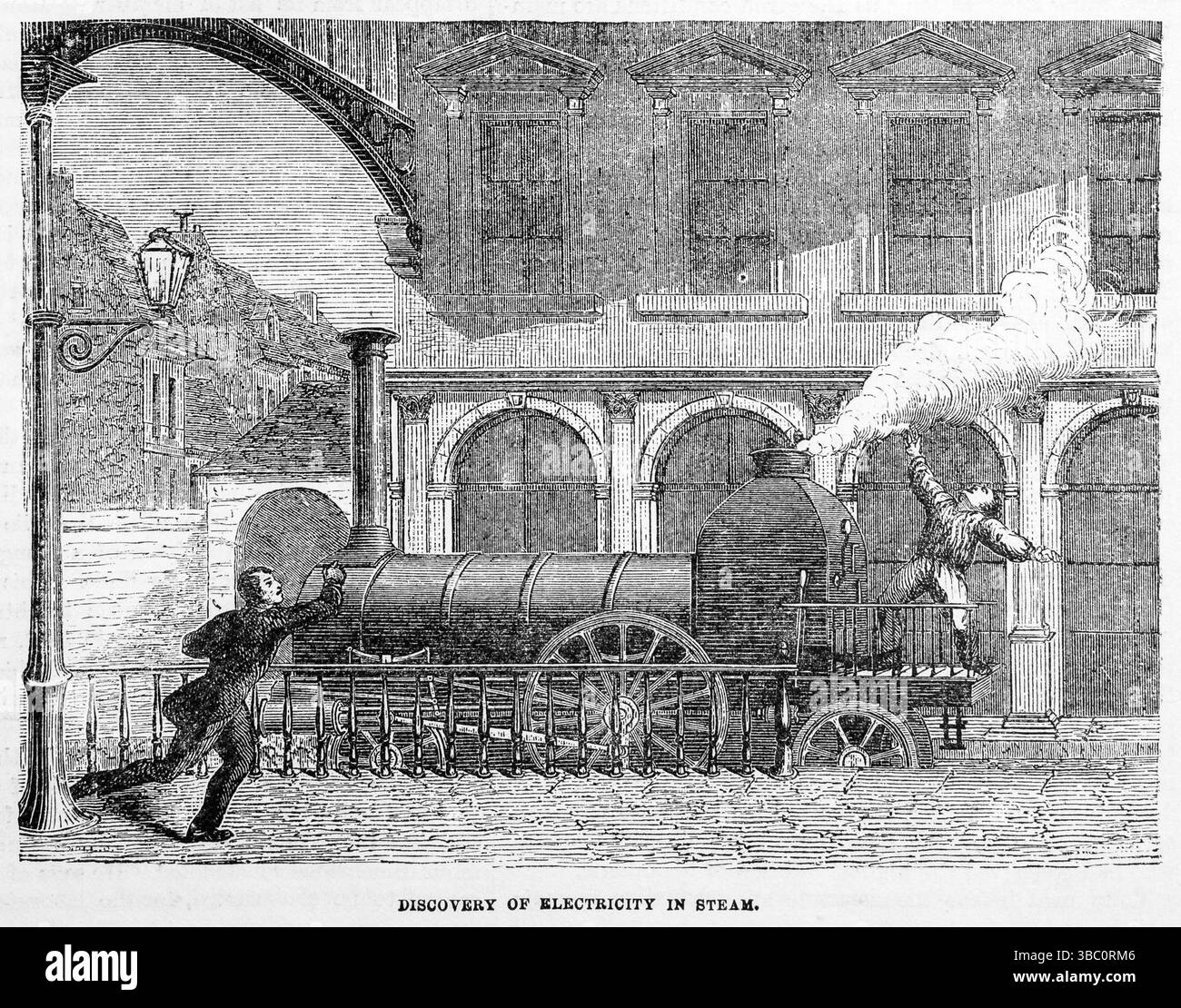 Découverte de l'électricité dans la vapeur. Représente un ouvrier de locomotive à vapeur en 1841 recevant un choc électrique tout en tenant un levier de soupape de sécurité d'une main, tandis qu'un jet de vapeur qui s'échappait entrait en contact avec son autre main. Illustration du XIXe siècle tirée du Popular Monthly de Frank Leslie Banque D'Images