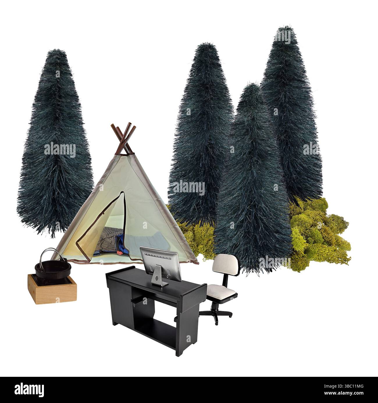 Tente de camping et sac de couchage pour camper dans la nature sauvage parmi les arbres tout en travaillant dans le bureau Banque D'Images