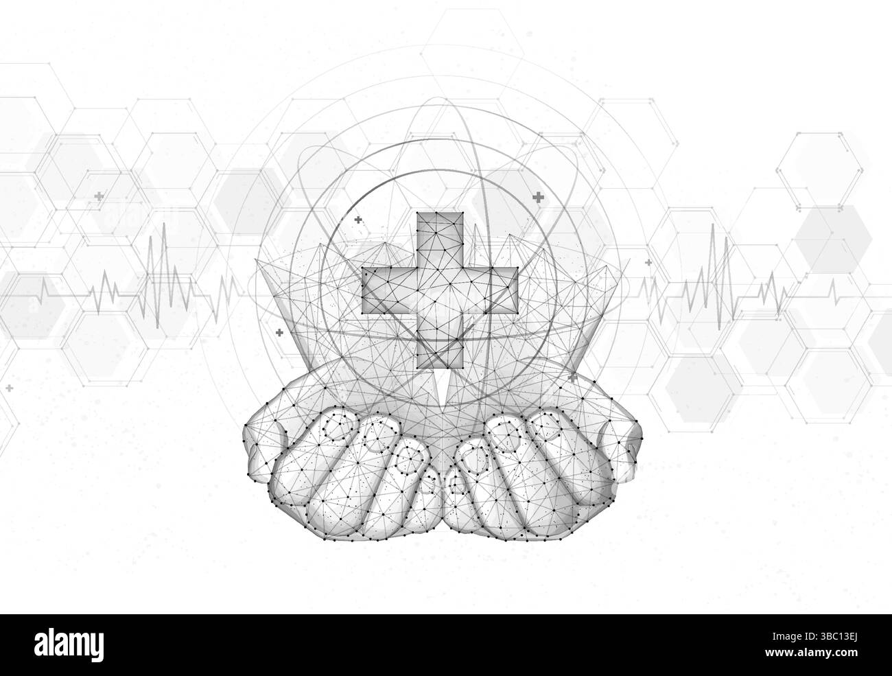Main tenant une icône de croix médicale. Fond abstrait, traitement hospitalier, médecin numérique. Illustration de Vecteur