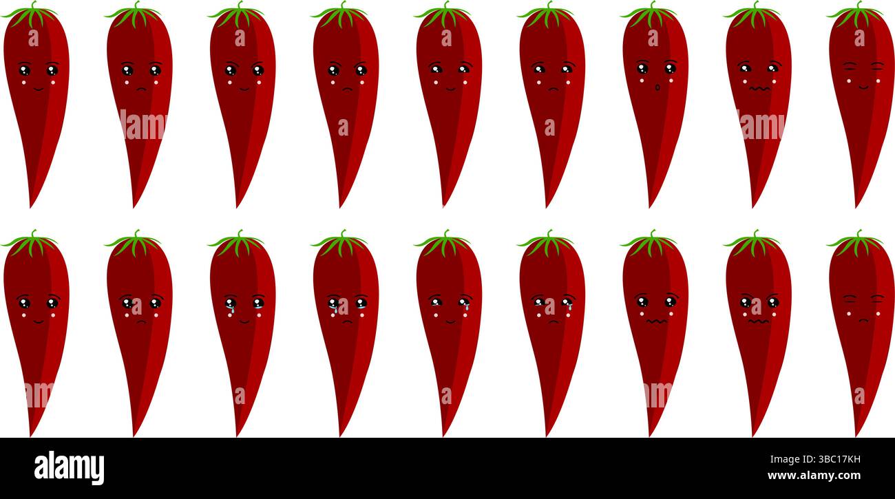Ensemble emoji mignon de fruits et légumes avec Chilly pour le web et les personnages de dessins animés. Illustration de Vecteur