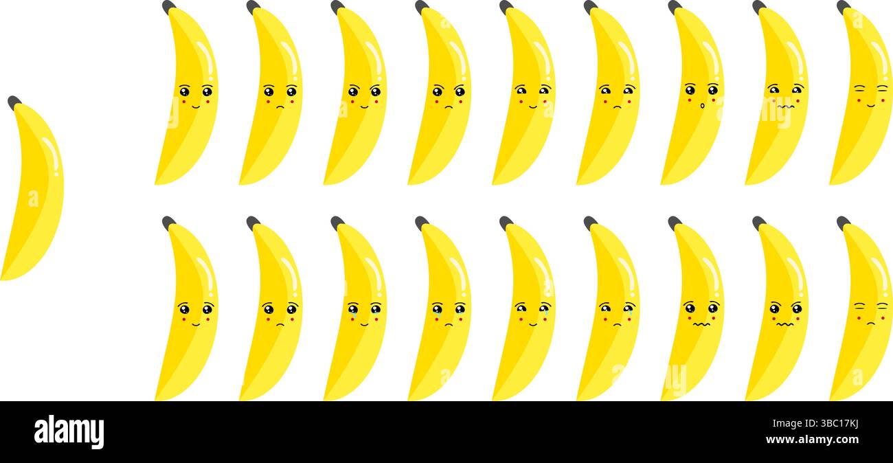 Ensemble emoji mignon de fruits et légumes avec banane pour le web et les personnages de dessins animés. Illustration de Vecteur