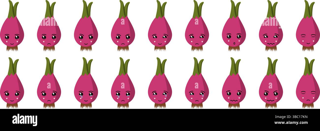 Ensemble mignon emoji de fruits et légumes avec oignon pour le web et les personnages de dessins animés. Illustration de Vecteur