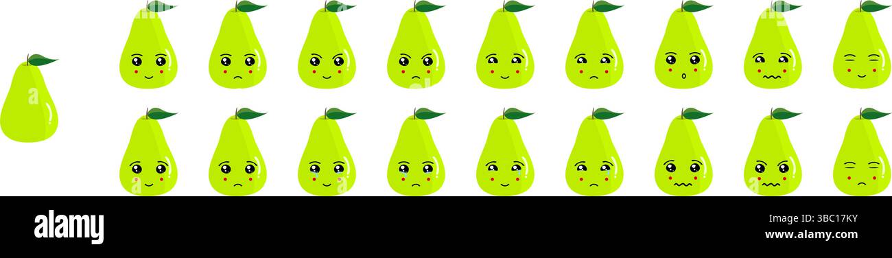 Ensemble mignon emoji de fruits et légumes avec des poires pour le web et les personnages de dessins animés. Illustration de Vecteur