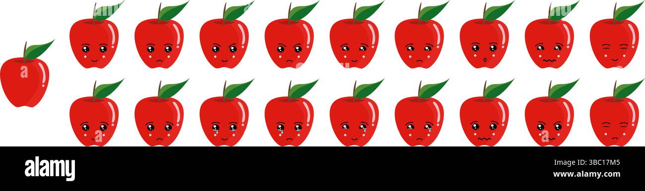 Ensemble emoji mignon de fruits et légumes avec pomme pour le web et les personnages de dessins animés. Illustration de Vecteur