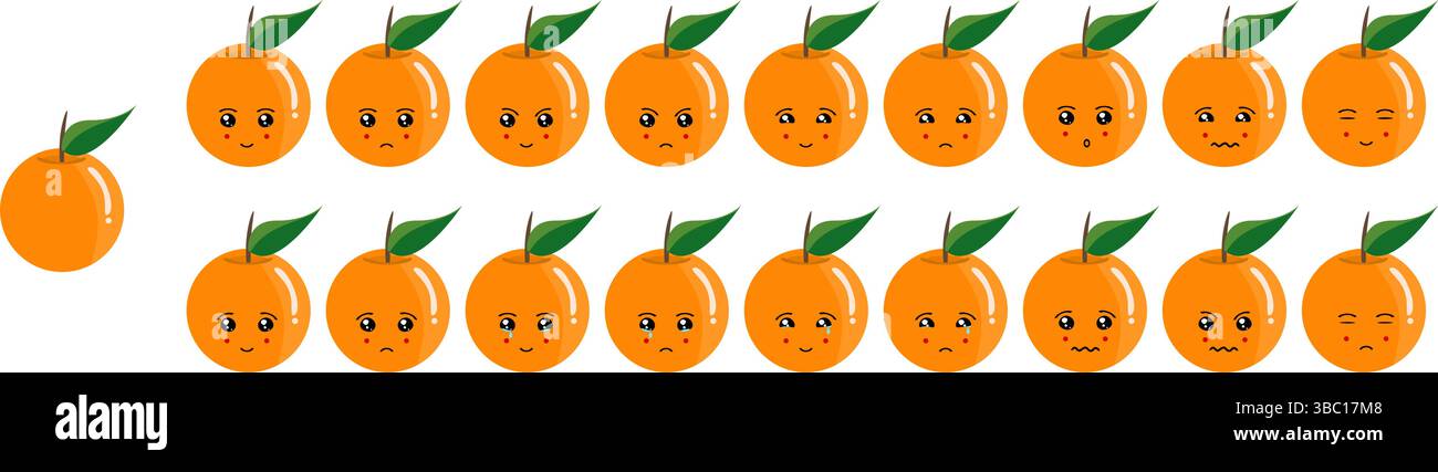 Ensemble mignon emoji de fruits et légumes avec des oranges pour le web et les personnages de dessins animés. Illustration de Vecteur