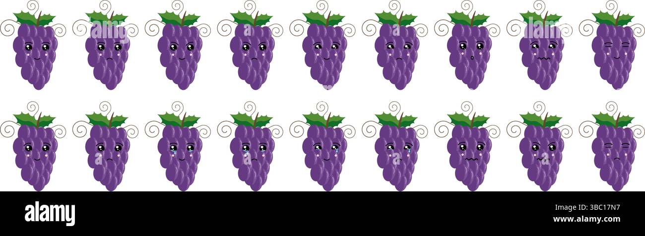 Ensemble mignon emoji de fruits et légumes avec des raisins pour le web et les personnages de dessins animés. Illustration de Vecteur