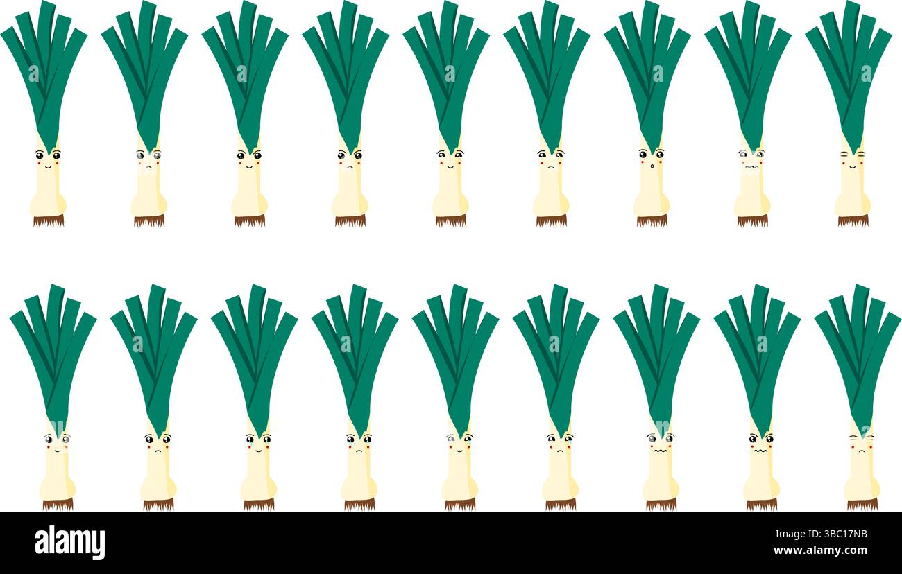 Ensemble mignon emoji de fruits et légumes avec poireaux pour le web et les personnages de dessins animés. Illustration de Vecteur