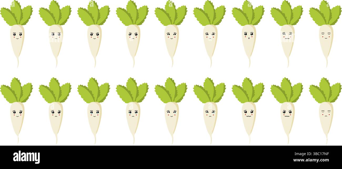 Ensemble emoji mignon de fruits et légumes avec radis pour le web et les personnages de dessins animés. Illustration de Vecteur