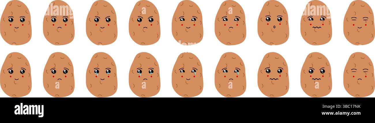Ensemble mignon emoji de fruits et légumes avec des pommes de terre pour le web et les personnages de dessins animés. Illustration de Vecteur