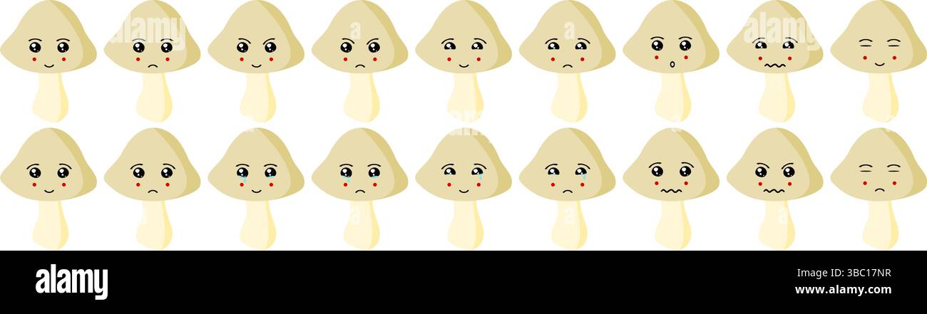 Ensemble emoji mignon de fruits et légumes avec champignon pour le web et les personnages de dessins animés. Illustration de Vecteur
