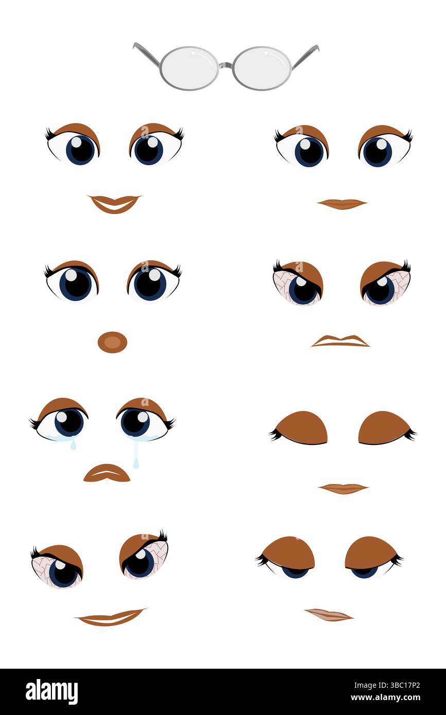 Expressions faciales mignonnes des yeux et des bouches pour le web et les personnages de dessins animés. Illustration de Vecteur