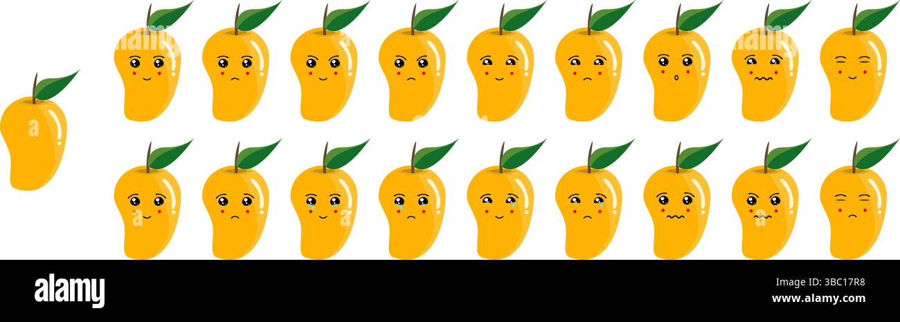 Ensemble emoji mignon de fruits et légumes avec mangue pour le web et les personnages de dessins animés. Illustration de Vecteur