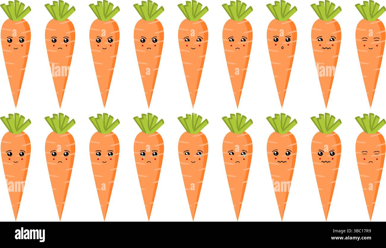Ensemble mignon emoji de fruits et légumes avec des carottes pour le web et les personnages de dessins animés. Illustration de Vecteur