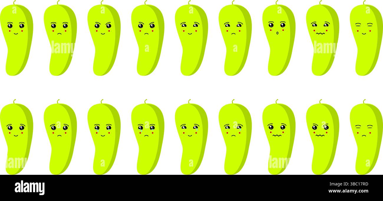 Ensemble mignon emoji de fruits et légumes avec des capsicums pour le web et les personnages de dessins animés. Illustration de Vecteur