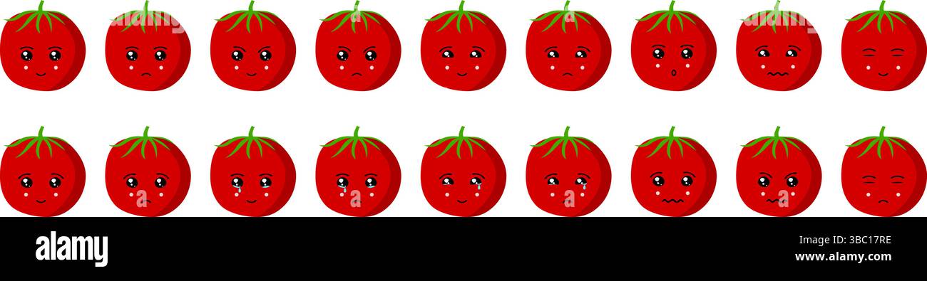 Ensemble mignon emoji de fruits et légumes avec des tomates pour le web et les personnages de dessins animés. Illustration de Vecteur