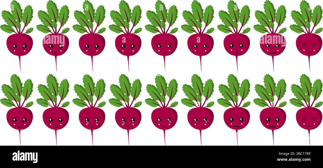 Ensemble mignon emoji de fruits et légumes avec des betteraves pour le web et les personnages de dessins animés. Illustration de Vecteur