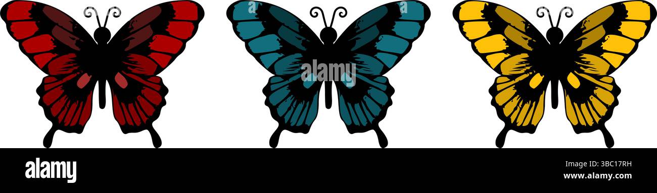 Papillons mignons en rouge bleu et jaune pour les autocollants, web et personnages de dessins animés. Illustration de Vecteur
