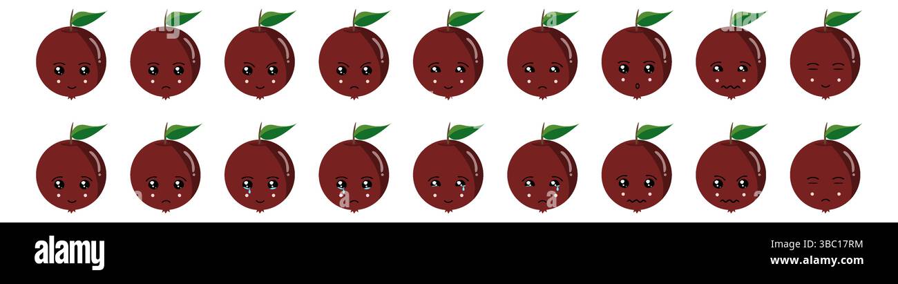 Ensemble emoji mignon de fruits et légumes avec cerise et baie pour le web et les personnages de dessins animés. Illustration de Vecteur