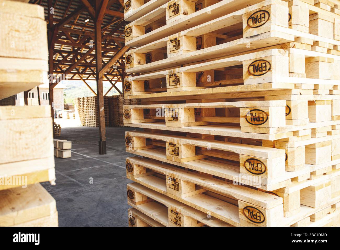 Kiev, Ukraine - 20 septembre 2019: Gros plan des piles de palettes EPAL en plein air Banque D'Images