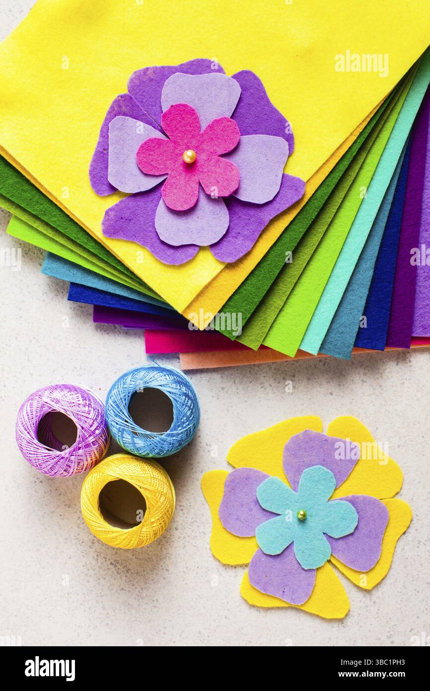 Bricolage en feutre pour les fleurs tutoriel, vue de dessus avec détails Banque D'Images