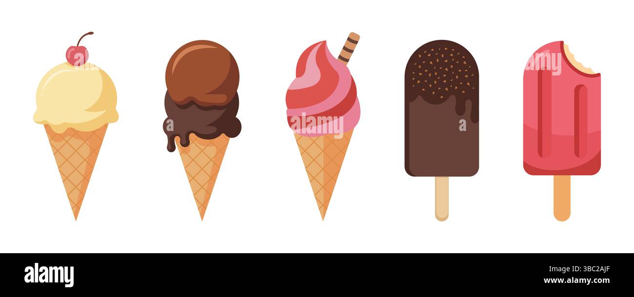 Ensemble de vecteur coloré de crème glacée. Popsicle d'été et cônes gaufrés sur fond blanc Illustration de Vecteur