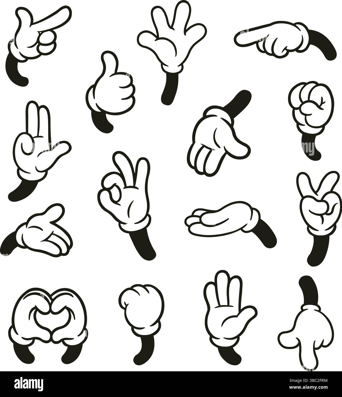 Ensemble d'illustration de style dessin animé rétro avec 15 gestes expressifs de la main. Chaque main est dessinée avec des contours audacieux, des gants blancs et un caractère vintage Illustration de Vecteur