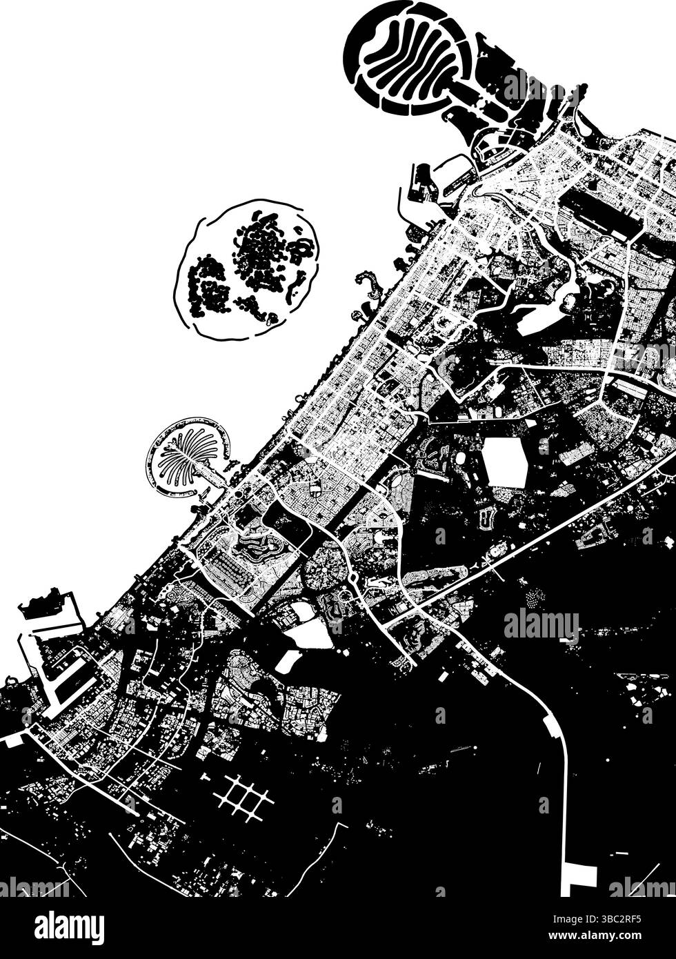 Carte vectorielle de Dubaï, Émirats arabes Unis – disposition des rues et des bâtiments en noir et blanc Illustration de Vecteur