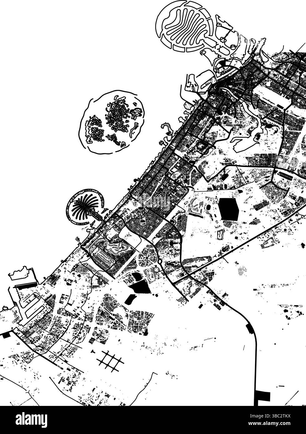 Carte vectorielle de Dubaï, Émirats arabes Unis – disposition des rues et des bâtiments en noir et blanc Illustration de Vecteur