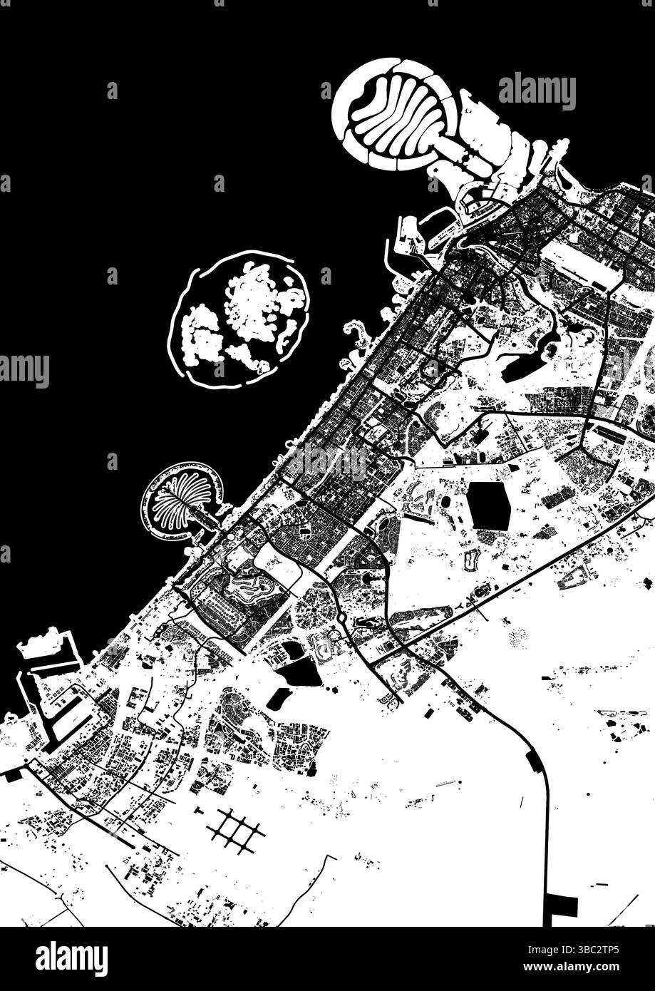 Carte vectorielle de Dubaï, Émirats arabes Unis – disposition des rues et des bâtiments en noir et blanc Illustration de Vecteur