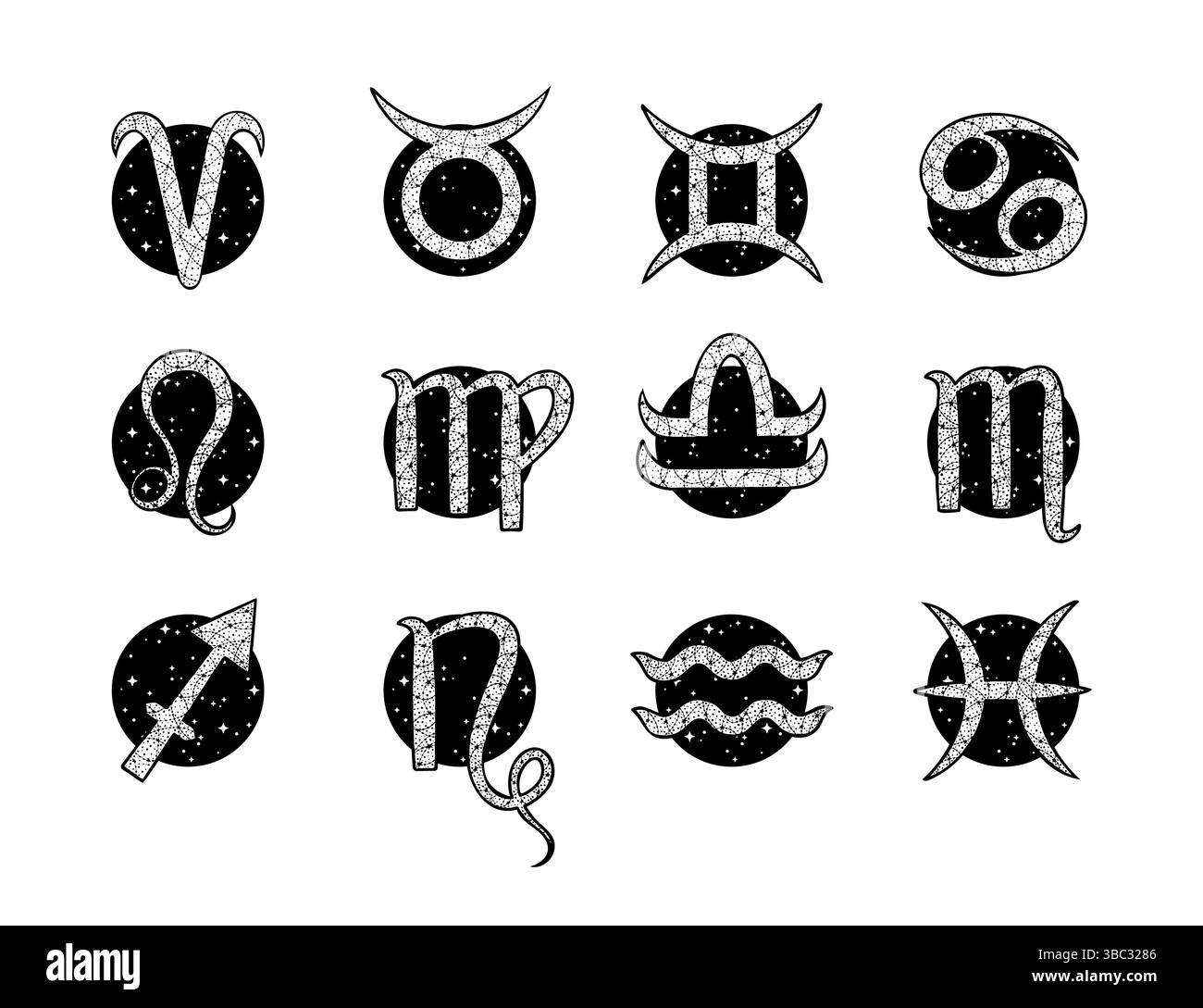 Ensemble de douze signes astrologiques, avec un fond texturé et étoilé dans chaque cadre circulaire, créant une représentation visuellement attrayante de Illustration de Vecteur