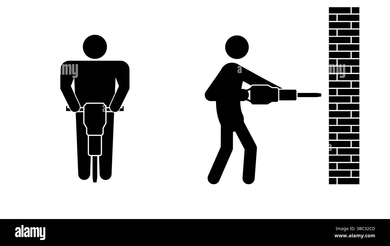 Ensemble de figures de bâton, travailleur avec un marteau perforateur, illustration vectorielle plate. Illustration de Vecteur