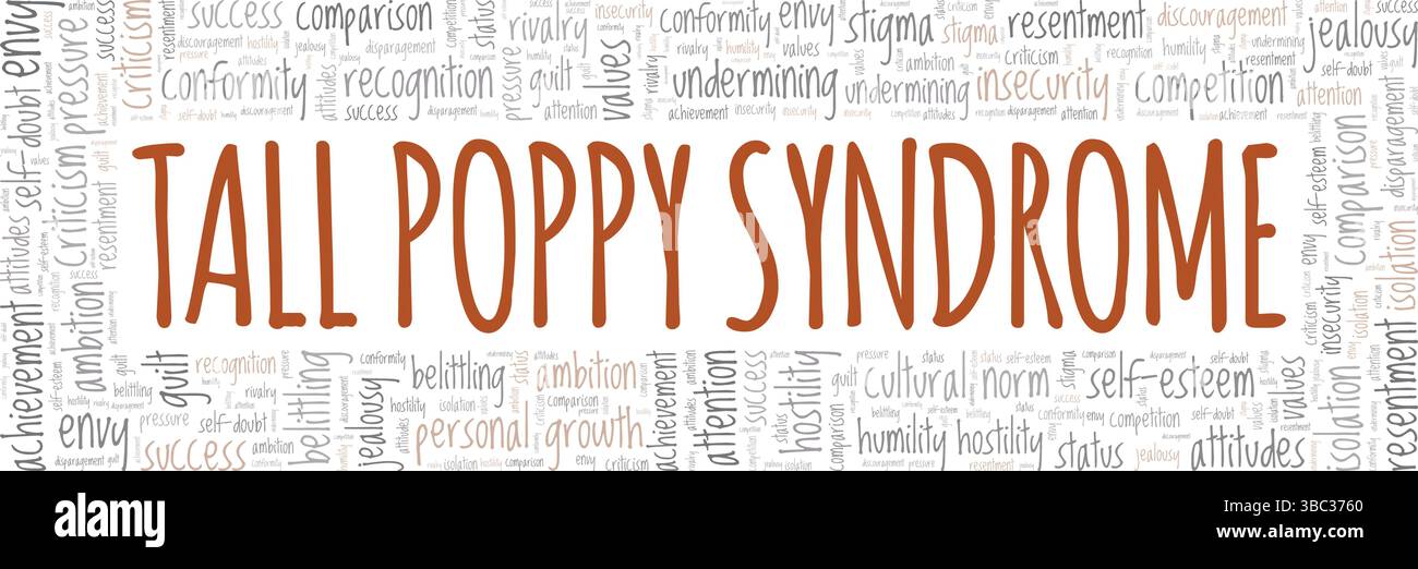 Conception conceptuelle du nuage de mots Tall Poppy syndrome isolé sur fond blanc. Illustration de Vecteur