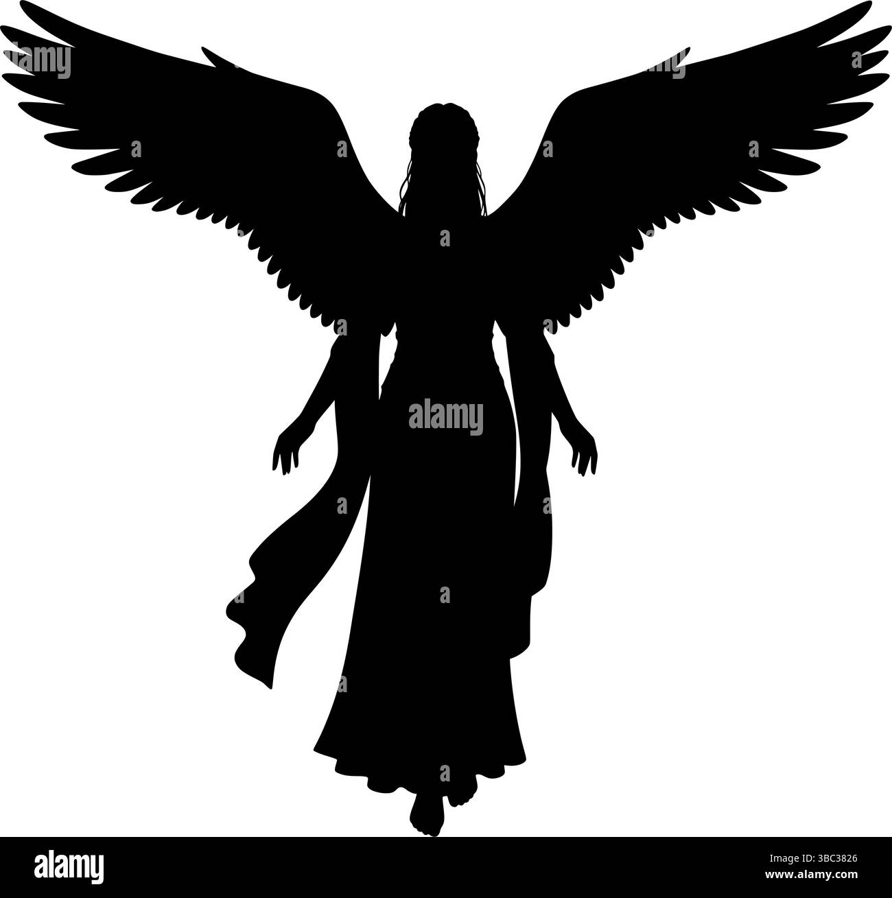 Heavenly Guardian : Elegant Angel With Spread Wings Vector Art. Ailes de tranquillité : Silhouette Angel Serene avec Grace déployée Illustration de Vecteur