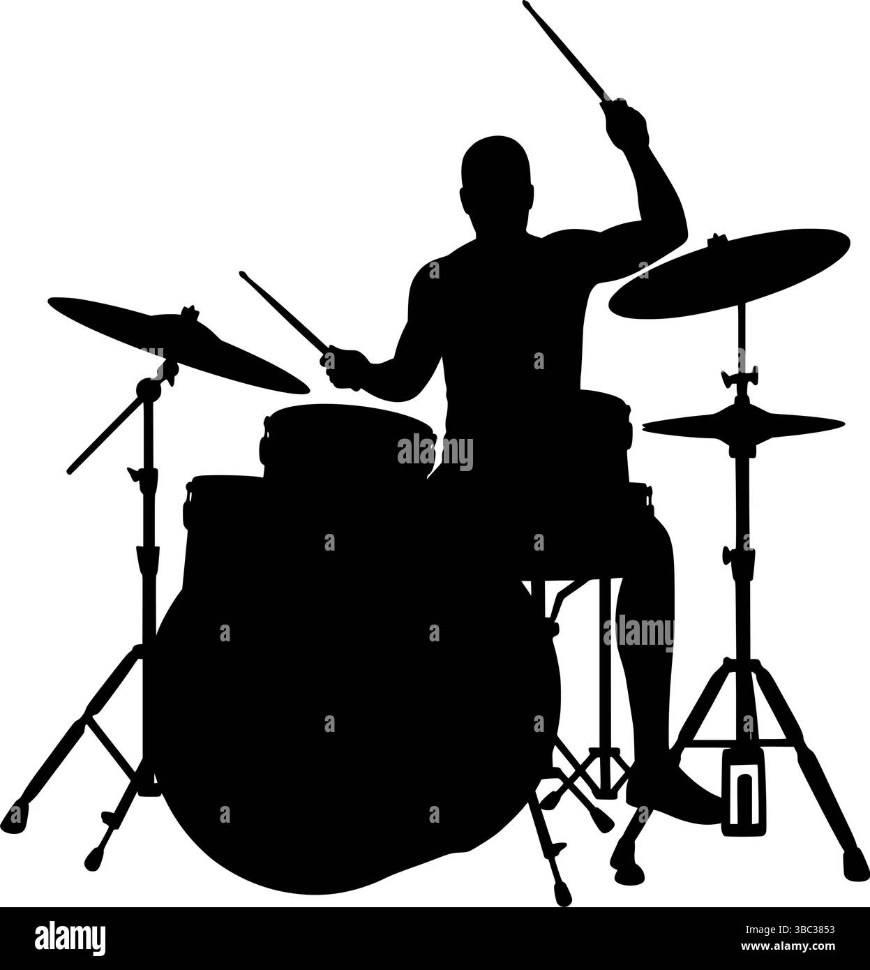 Dramatique Drummer Silhouette se produisant sur scène avec rétro-éclairage. Epic Silhouette : Drummer in Motion on Stage Lights. Illustration de Vecteur