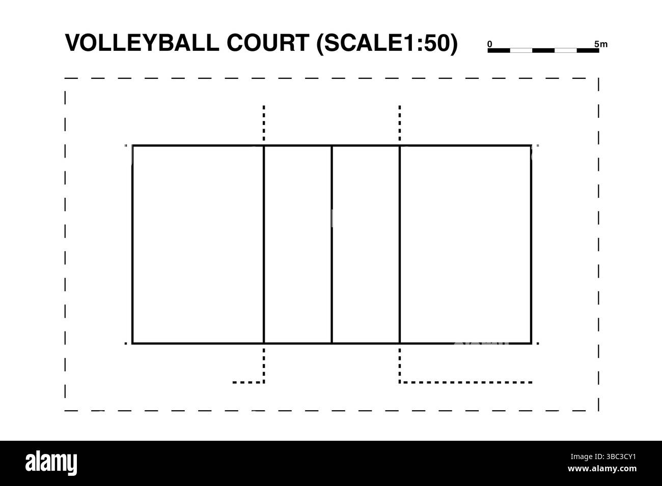 Le schéma illustre un agencement standard de terrain de volley-ball, montrant les limites, les lignes d'attaque et les zones de service. Idéal pour le coaching, la planification de lieux Banque D'Images
