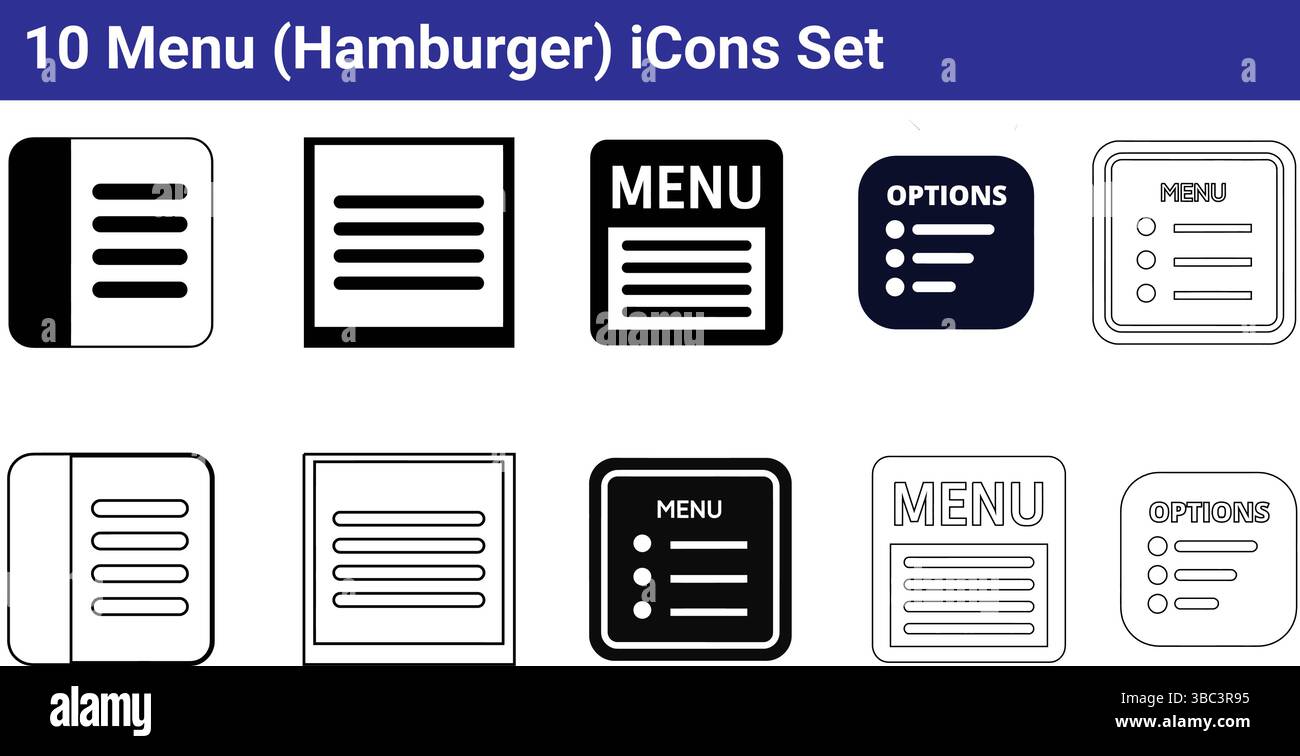 10 Menu (hamburger) ensemble d'icônes : graphiques vectoriels simples Illustration de Vecteur