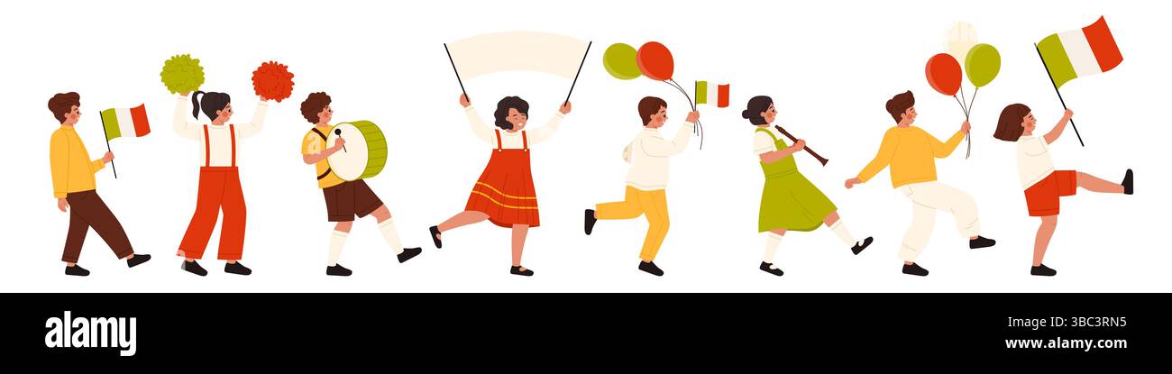 Les enfants marchant joyeusement avec des drapeaux italiens, des ballons et des bannières pour la célébration du jour de la République, parfait pour les vacances, l'éducation et les thèmes d'événements culturels, illustration vectorielle isolée Illustration de Vecteur