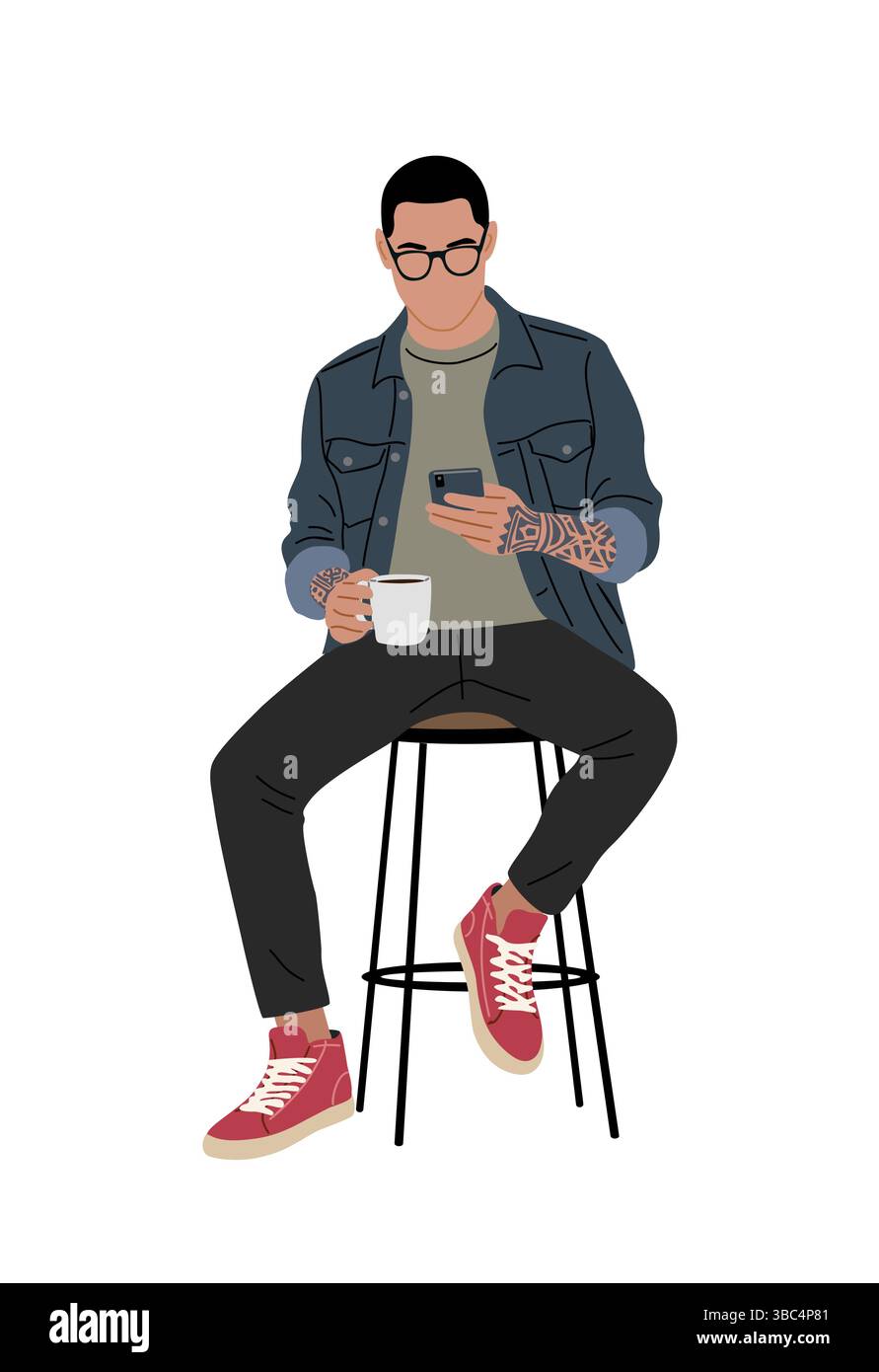 Jeune homme branché assis avec café et téléphone Illustration de Vecteur