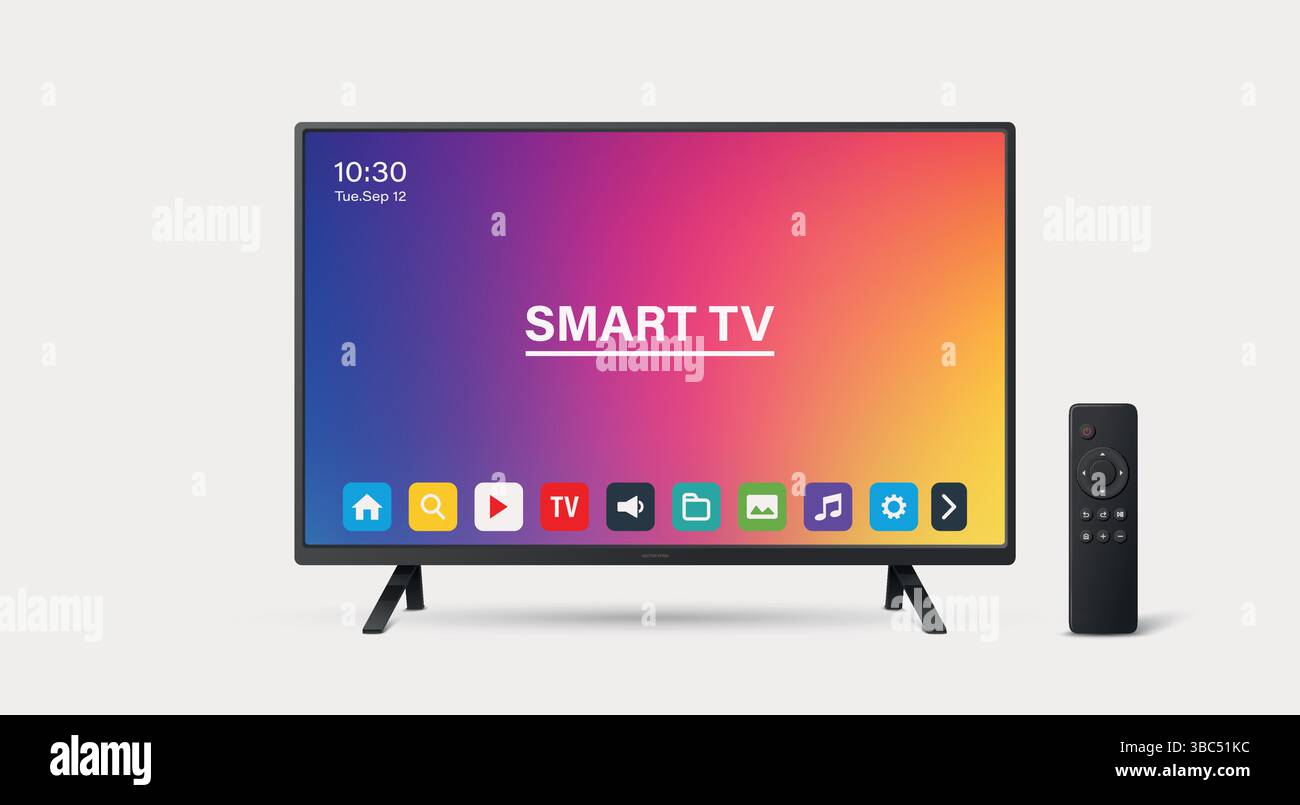 Illustration vectorielle Smart TV avec télécommande. Art vectoriel Smart TV moderne pour la conception d'interface. Maquette réaliste Smart TV Vector for Technology Illustration de Vecteur